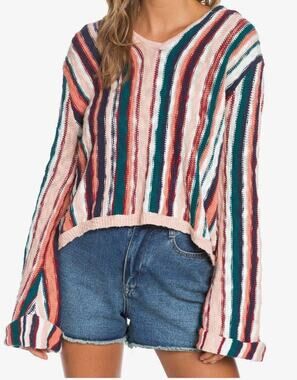 Roxy Sun Express Hooded Beachy Slouchy Striped Knit Sweater Size XS